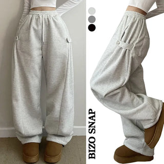 Side Snap Mega Wide Pants Bijou Button Long Wide Training Pants Winter Fleece-lined Elastic Waist Wide Pants Daily Drawstring Pants