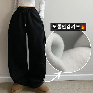 Side Snap Mega Wide Pants Bijou Button Long Wide Training Pants Winter Fleece-lined Elastic Waist Wide Pants Daily Drawstring Pants