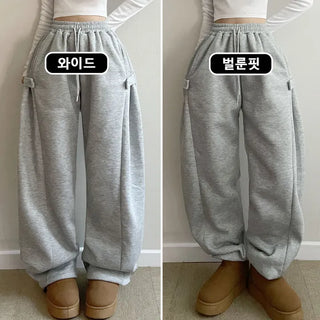 Side Snap Mega Wide Pants Bijou Button Long Wide Training Pants Winter Fleece-lined Elastic Waist Wide Pants Daily Drawstring Pants