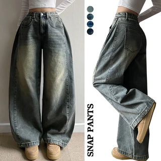 Fit Guaranteed Washed Vintage Side Pintuck Wide Denim Pants Winter Fleece-Lined Jeans