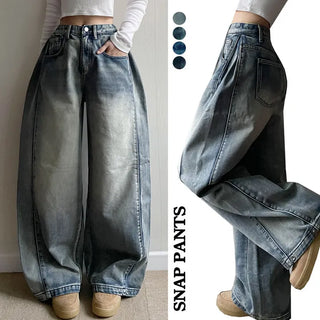 Fit Guaranteed Washed Vintage Side Pintuck Wide Denim Pants Winter Fleece-Lined Jeans