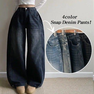 Fit Guaranteed Washed Vintage Side Pintuck Wide Denim Pants Winter Fleece-Lined Jeans