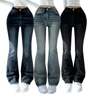 Thermal Fleece-lined  High-waisted Washed Elastic Waist Thermal Fabric Fleece-lined Spandex Bootcut Denim Pants Winter High-waisted Jeans