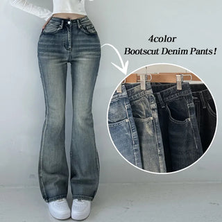 Thermal Fleece-lined  High-waisted Washed Elastic Waist Thermal Fabric Fleece-lined Spandex Bootcut Denim Pants Winter High-waisted Jeans