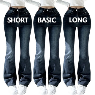 Thermal Fleece-lined  High-waisted Washed Elastic Waist Thermal Fabric Fleece-lined Spandex Bootcut Denim Pants Winter High-waisted Jeans
