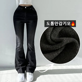 Thermal Fleece-lined  High-waisted Washed Elastic Waist Thermal Fabric Fleece-lined Spandex Bootcut Denim Pants Winter High-waisted Jeans