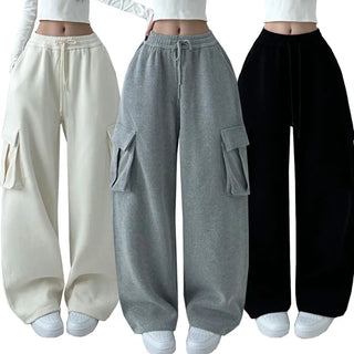 Corduroy High-Waisted Elastic Cargo Wide Pants Winter Fleece Lined Corduroy Pants
