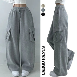 Corduroy High-Waisted Elastic Cargo Wide Pants Winter Fleece Lined Corduroy Pants