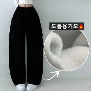 Corduroy High-Waisted Elastic Cargo Wide Pants Winter Fleece Lined Corduroy Pants