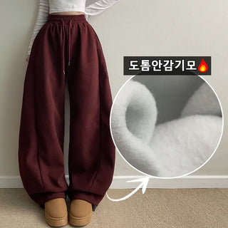 Spring Arrival  Suede Side Pintuck Training Pants Winter Fleece-lined High-waisted Elastic Wide Pants