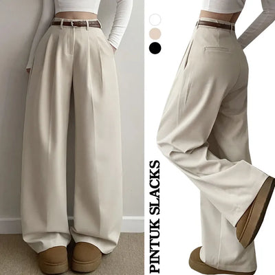 Two-Pintuck High-Waisted Hidden Elastic Waist Long Wide Slacks  Transitional Spring Pintuck Pants Long Pants
