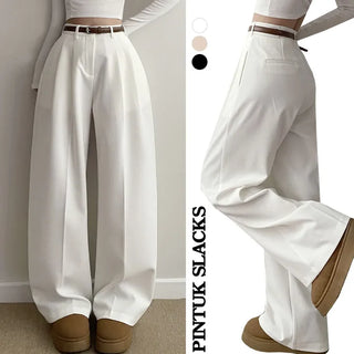 Two-Pintuck High-Waisted Hidden Elastic Waist Long Wide Slacks  Transitional Spring Pintuck Pants Long Pants