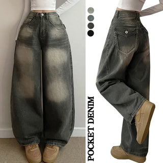 Washed Pocket Detail Vintage High-Waisted Long Wide Denim Pants Pants Jeans Spring