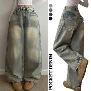 Washed Pocket Detail Vintage High-Waisted Long Wide Denim Pants Pants Jeans Spring