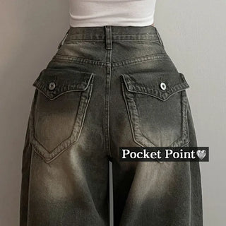 Washed Pocket Detail Vintage High-Waisted Long Wide Denim Pants Pants Jeans Spring