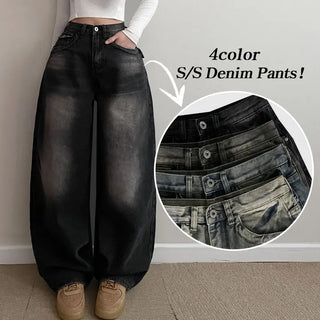 Washed Pocket Detail Vintage High-Waisted Long Wide Denim Pants Pants Jeans Spring