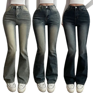 Washed Pocket Detail Vintage High-Waisted Long Bootcut Denim Pants Pants Jeans Spring