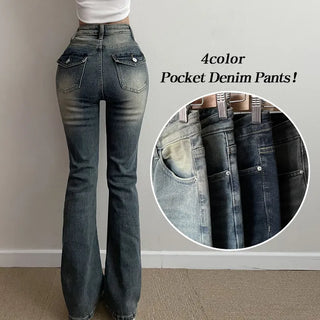 Washed Pocket Detail Vintage High-Waisted Long Bootcut Denim Pants Pants Jeans Spring