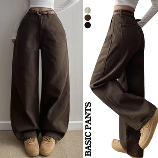 High-waisted Hidden Elastic Waist Wide Pants Back Slit New Spring Cotton Pants