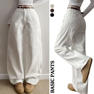 High-waisted Hidden Elastic Waist Wide Pants Back Slit New Spring Cotton Pants