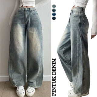 Pintuck Washed Denim Pants  Spring High-waisted Long Wide All Seasons Jeans