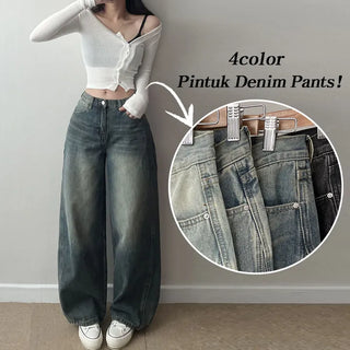Pintuck Washed Denim Pants  Spring High-waisted Long Wide All Seasons Jeans