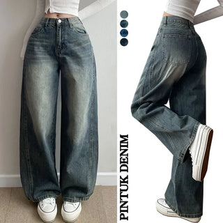 Pintuck Washed Denim Pants  Spring High-waisted Long Wide All Seasons Jeans