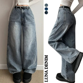 Cat-washed Slit Wide Pants High-waisted Hidden Elastic Waist Jeans All Seasons Transitional Spring  Denim Long Pants