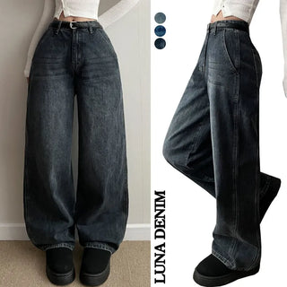 Cat-washed Slit Wide Pants High-waisted Hidden Elastic Waist Jeans All Seasons Transitional Spring  Denim Long Pants