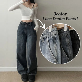 Cat-washed Slit Wide Pants High-waisted Hidden Elastic Waist Jeans All Seasons Transitional Spring  Denim Long Pants