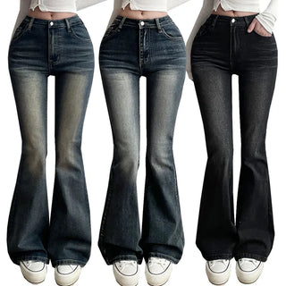 Hip Volume Catbrush Washed Two-Button Stretch Jeans Low-Waist Vintage Denim Bootcut Pants