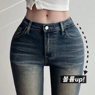 Hip Volume Catbrush Washed Two-Button Stretch Jeans Low-Waist Vintage Denim Bootcut Pants