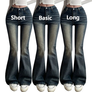 Hip Volume Catbrush Washed Two-Button Stretch Jeans Low-Waist Vintage Denim Bootcut Pants