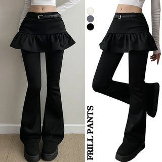 Shirred Skirt Pants  Elastic Stretch Shirred Frill Spring A-line Skirt Bootcut Pants Daily Low Waist Hip Lovely Pants
