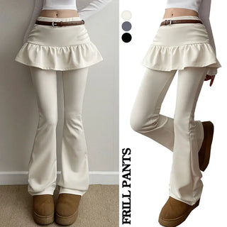 Shirred Skirt Pants  Elastic Stretch Shirred Frill Spring A-line Skirt Bootcut Pants Daily Low Waist Hip Lovely Pants