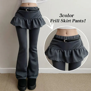 Shirred Skirt Pants  Elastic Stretch Shirred Frill Spring A-line Skirt Bootcut Pants Daily Low Waist Hip Lovely Pants