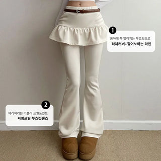 Shirred Skirt Pants  Elastic Stretch Shirred Frill Spring A-line Skirt Bootcut Pants Daily Low Waist Hip Lovely Pants