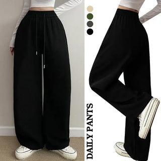 High-waisted Elastic Wide Pants, Transitional Daily Long Wide Pants