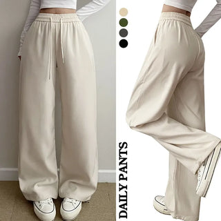 High-waisted Elastic Wide Pants, Transitional Daily Long Wide Pants