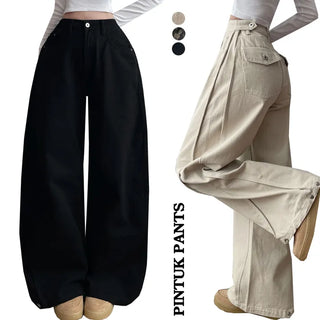 Hip Volume, Waist Adjustment Two-way/Snap Hem! Snap Button Back Pocket Side Pintuck Wide Pants High-waisted Wide & Balloon Fit 3D Hip Pockets Flat Long Wide Pants