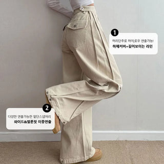 Hip Volume, Waist Adjustment Two-way/Snap Hem! Snap Button Back Pocket Side Pintuck Wide Pants High-waisted Wide & Balloon Fit 3D Hip Pockets Flat Long Wide Pants