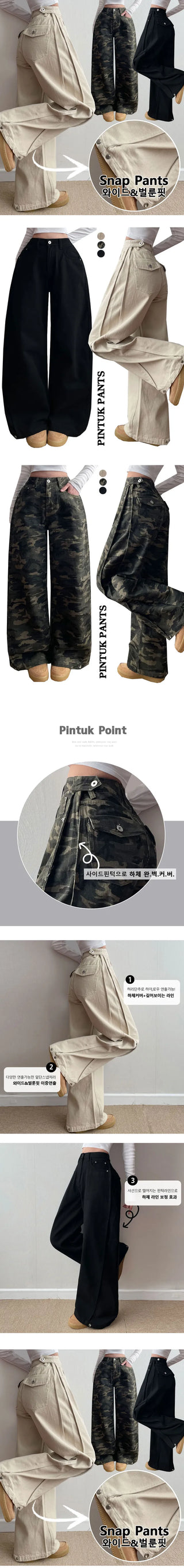 Hip Volume, Waist Adjustment Two-way/Snap Hem! Snap Button Back Pocket Side Pintuck Wide Pants High-waisted Wide & Balloon Fit 3D Hip Pockets Flat Long Wide Pants
