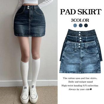 High-Waist Hip Volume Padded Washed Denim Skirt Two-Button New Spring Denim Mini Skirt Daily A-Line Skirt