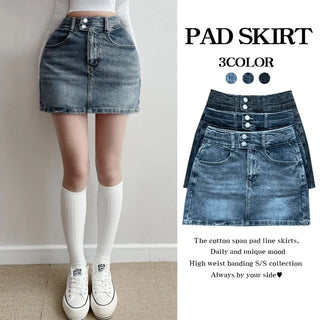 High-Waist Hip Volume Padded Washed Denim Skirt Two-Button New Spring Denim Mini Skirt Daily A-Line Skirt