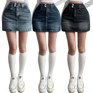 High-Waist Hip Volume Padded Washed Denim Skirt Two-Button New Spring Denim Mini Skirt Daily A-Line Skirt