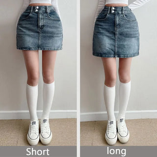 High-Waist Hip Volume Padded Washed Denim Skirt Two-Button New Spring Denim Mini Skirt Daily A-Line Skirt