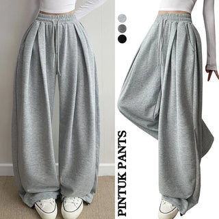 High-Waisted Long Wide Pants Spring Elastic Waist Hip Shaping Drawstring Hem Slim Waist & Wide Waist Transitional Pintuck Pants