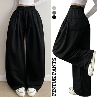 High-Waisted Long Wide Pants Spring Elastic Waist Hip Shaping Drawstring Hem Slim Waist & Wide Waist Transitional Pintuck Pants