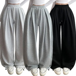 High-Waisted Long Wide Pants Spring Elastic Waist Hip Shaping Drawstring Hem Slim Waist & Wide Waist Transitional Pintuck Pants