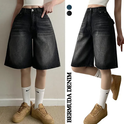 Vintage Washed Hip Pocket Denim Pants Bermuda Shorts Spring Fluff Cover Summer High-Waist Elastic Y2K Washed Pants